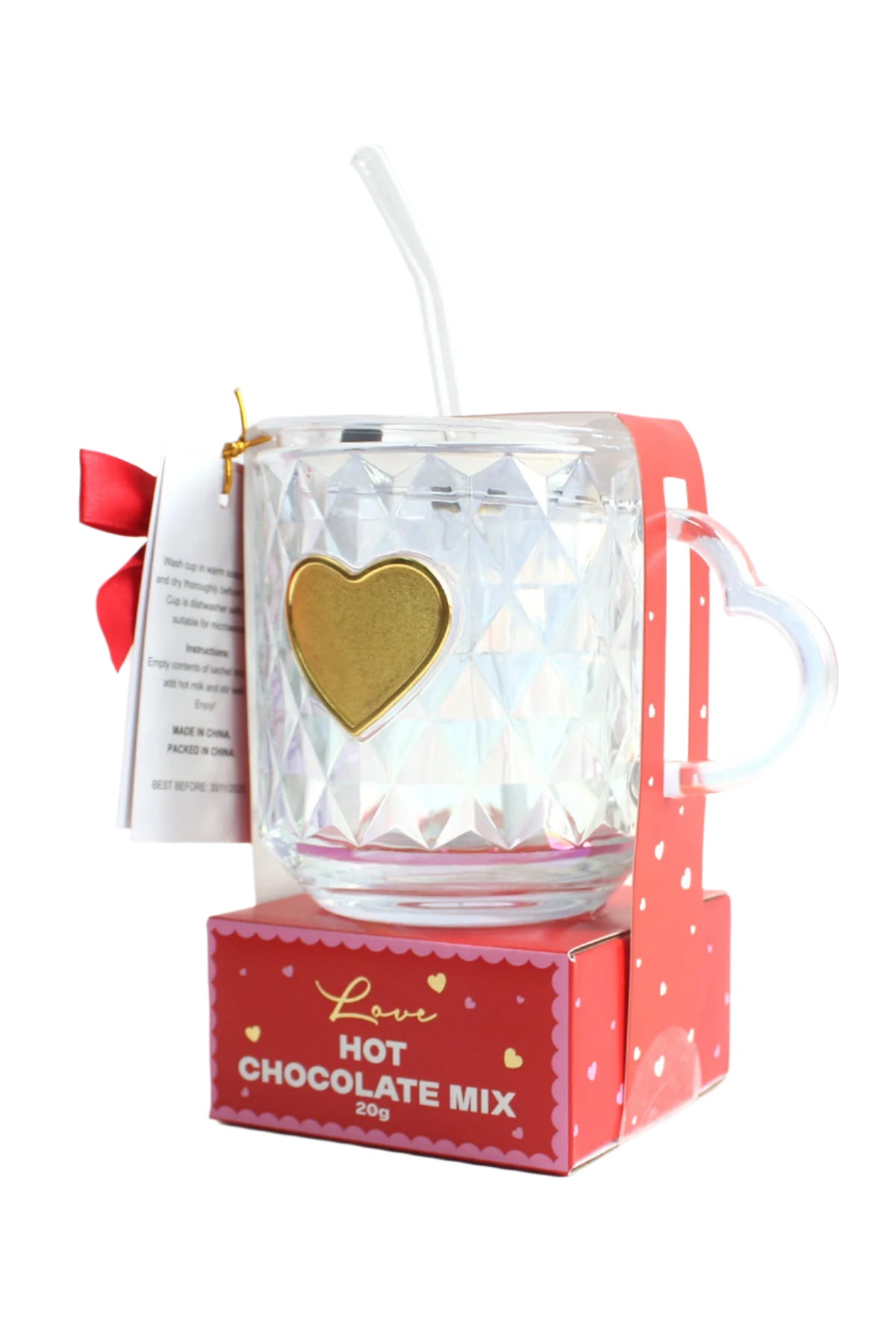 Gold Heart Glass Mug with Lid & 20g Hot Chocolate Mix - DSL