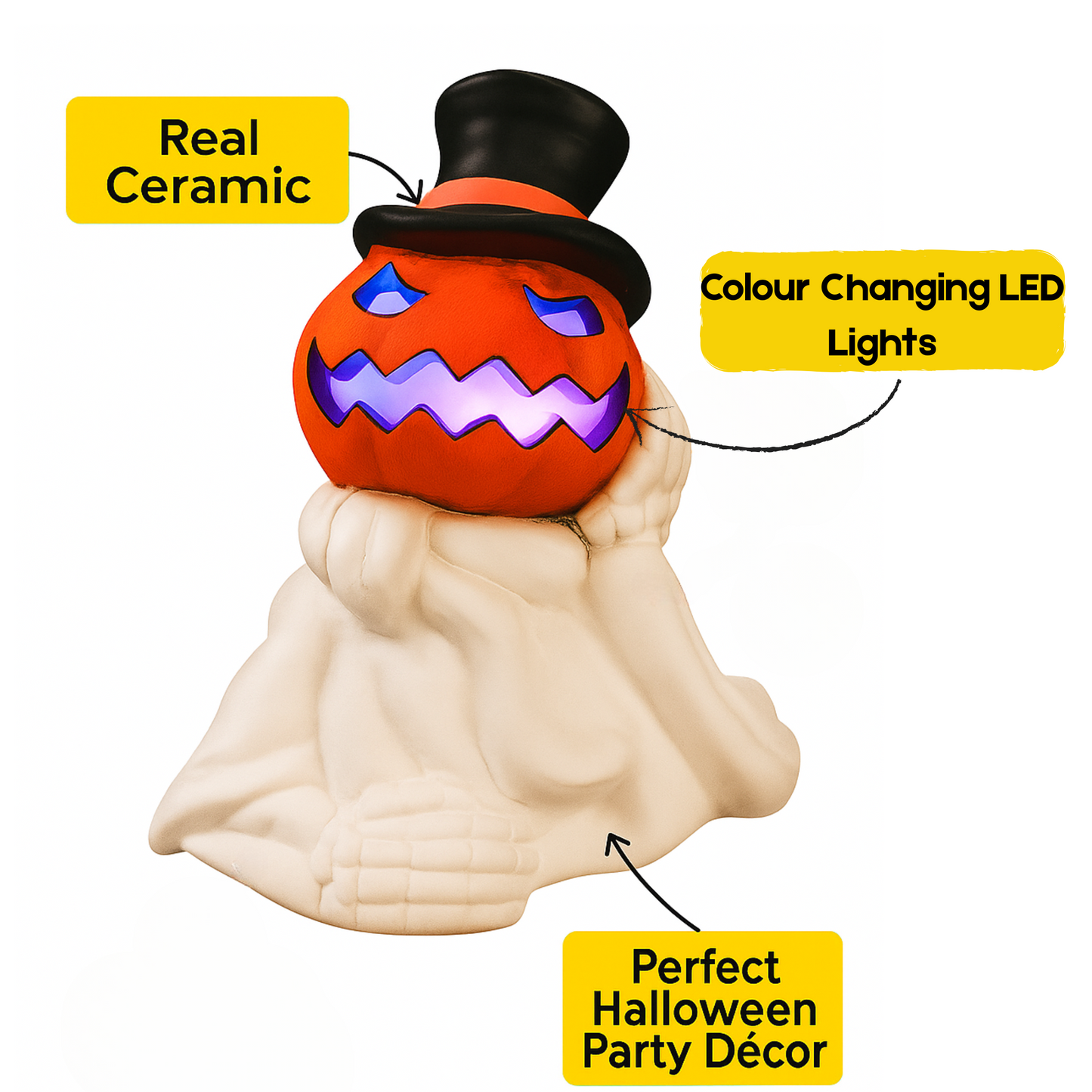 iN LED Colour Changing Ceramic Halloween Pumpkin Skeleton – Light-Up Halloween Decoration - Batteries Included – 19x17cm – Indoor Party Décor Ornament - DSL