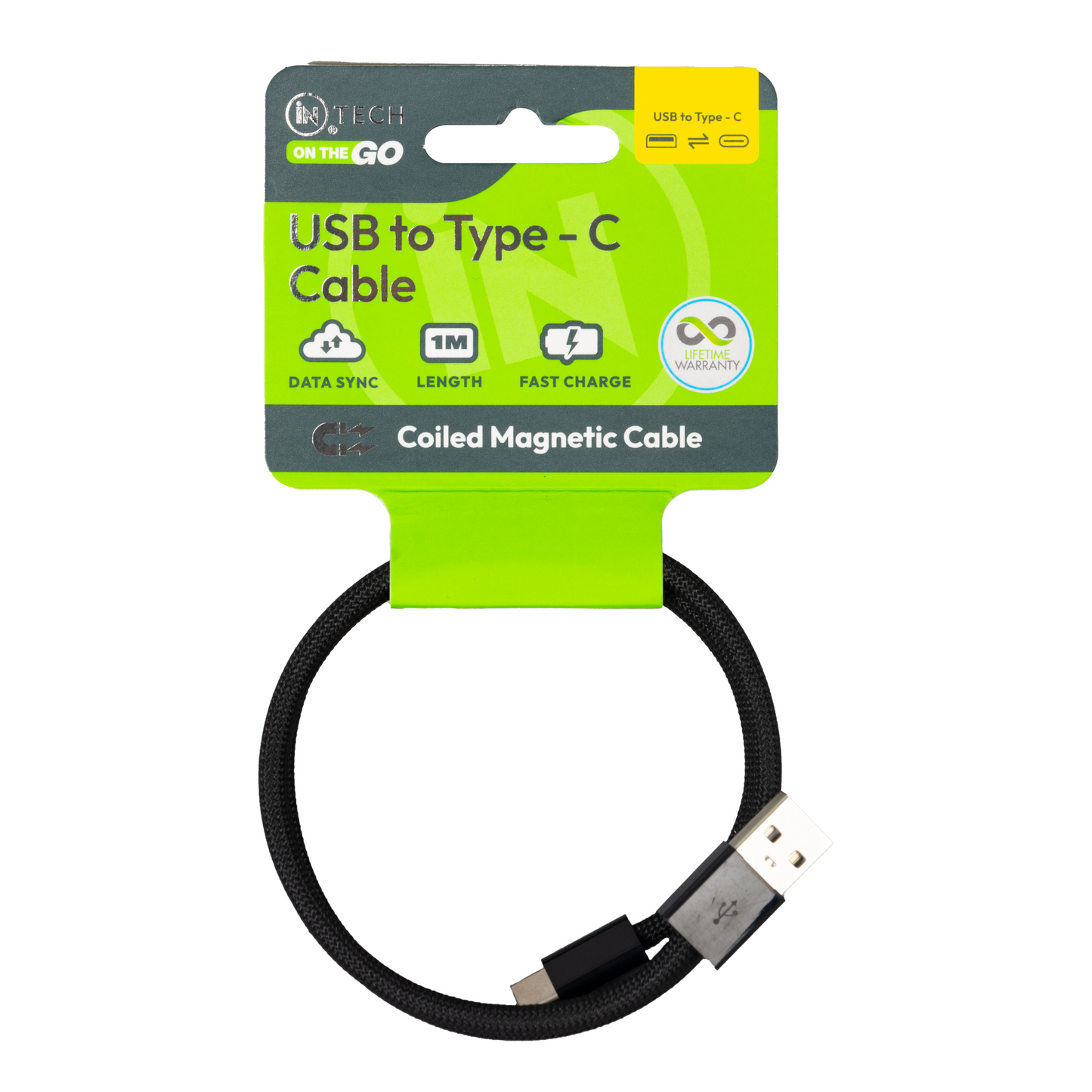 IN TECH USB to Type-C Cable | 1M Nylon Braided Fast Charging & Data Sync Cable | Durable Coiled Magnetic USB-C Charger Cable - DSL
