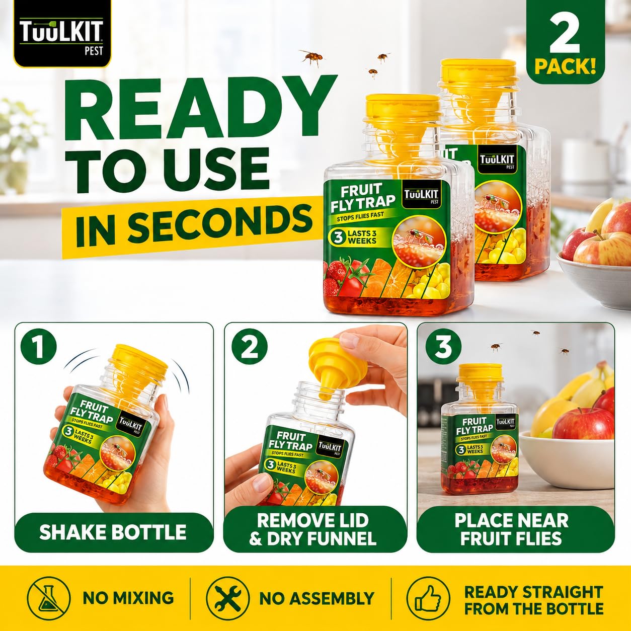 TuuLKIT Fruit Fly Trap, Ready to Use, Non-Toxic, 2 Pack