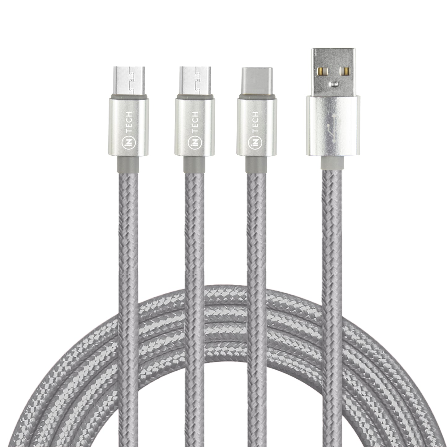 IN TECH Multi-USB Charging Kit | 3-in-1 USB Cable + Charge & Sync Cable + 12/24V Dual USB Car Adapter | Fast Charging Travel Set for iPhone, iPad & Android Devices - DSL