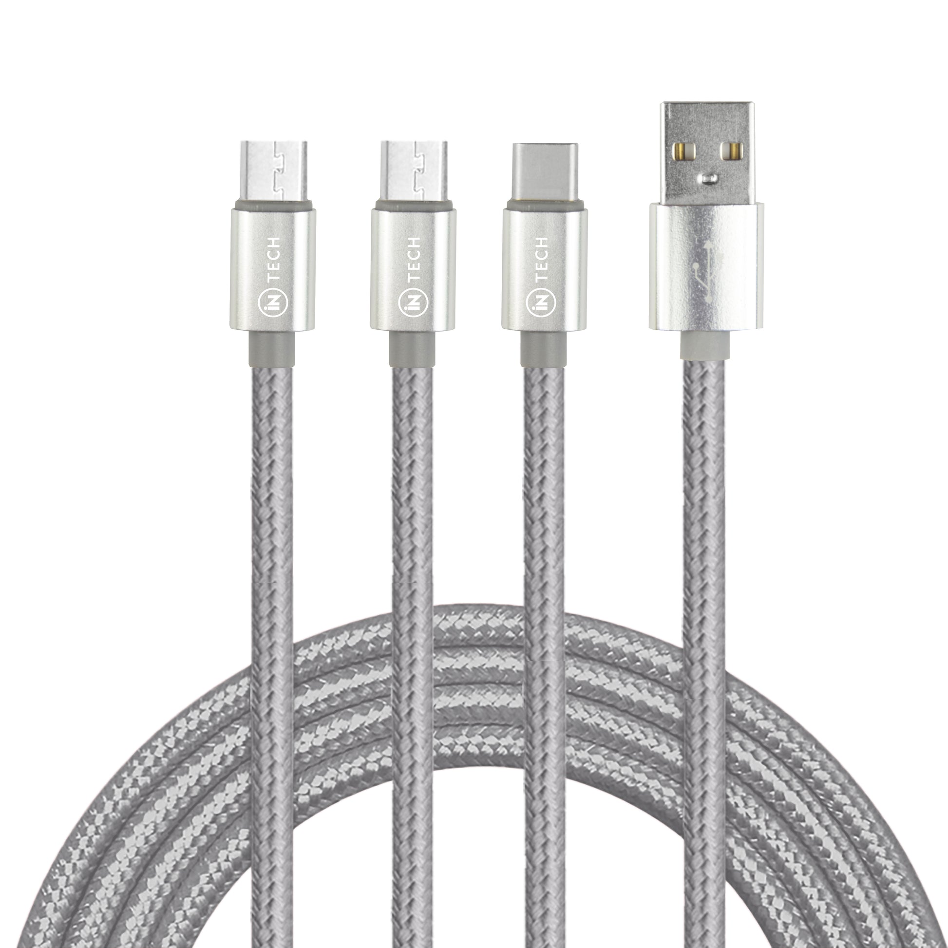 IN TECH Multi-USB Charging Kit | 3-in-1 USB Cable + Charge & Sync Cable + 12/24V Dual USB Car Adapter | Fast Charging Travel Set for iPhone, iPad & Android Devices - DSL
