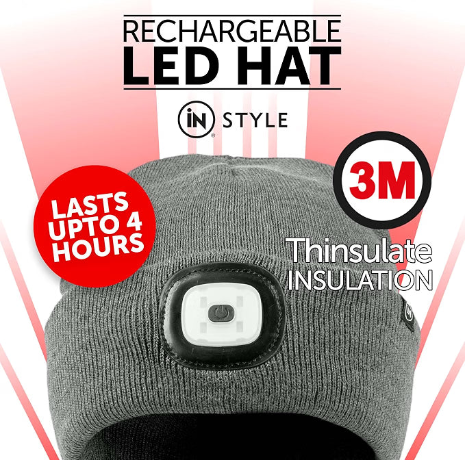Rechargeable LED Light Thinsulate Beanie Hat (Unisex) (Grey) - iN Style