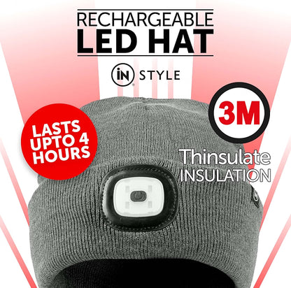 Rechargeable LED Light Thinsulate Beanie Hat (Unisex) (Grey) - iN Style