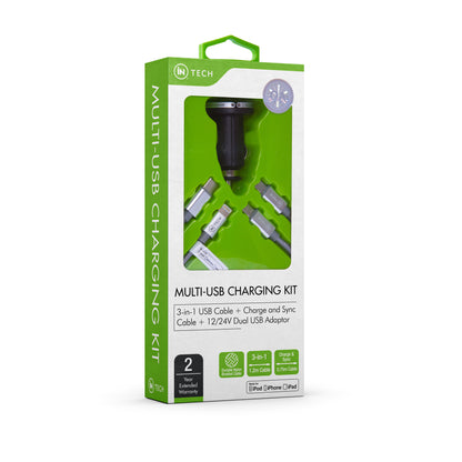 IN TECH Multi-USB Charging Kit | 3-in-1 USB Cable + Charge & Sync Cable + 12/24V Dual USB Car Adapter | Fast Charging Travel Set for iPhone, iPad & Android Devices - DSL