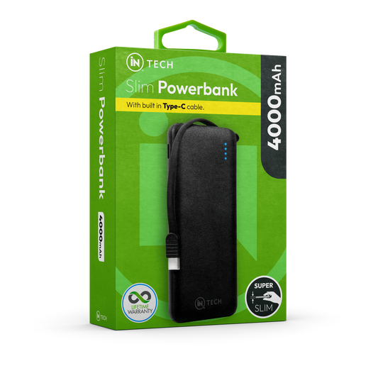 IN TECH 4000mAh Slim Powerbank | Ultra-Slim Portable Charger with Built-in Type-C Cable | Compact - DSL