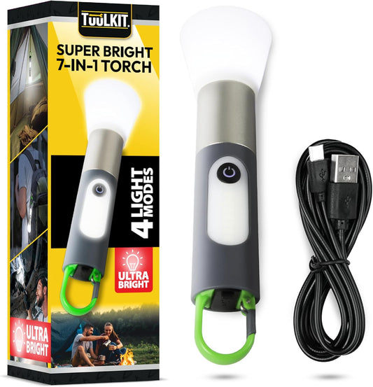 TUULKIT 7-in-1 Super Bright Torch with 4 Light Modes | USB Type-C Rechargeable Flashlight with Carabiner Clip | Ideal for Hiking, Night Walks, Camping, and Outdoor Activities - DSL