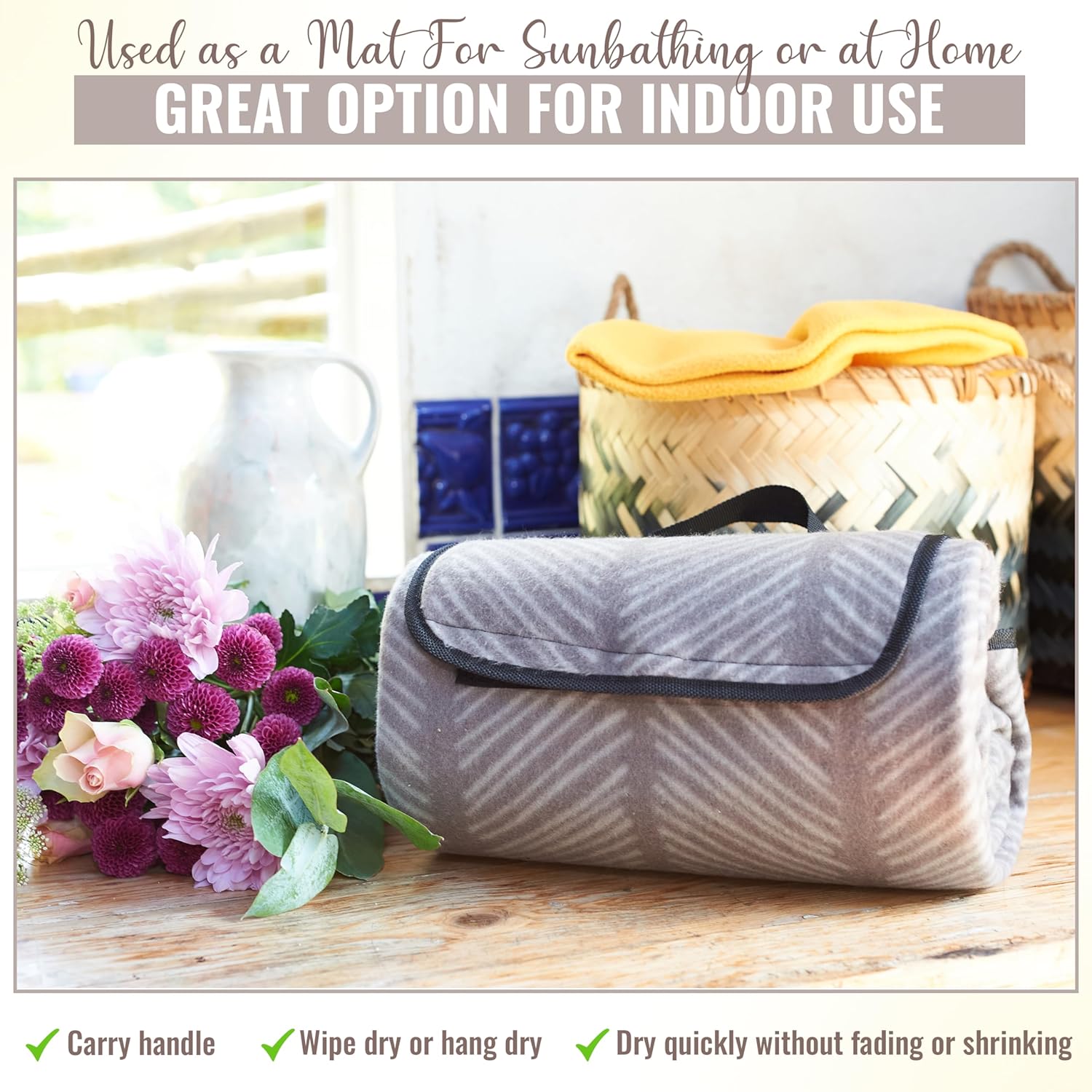 iN Premium Picnic Blanket Waterproof Backing - Waterproof Picnic Mat with Carrying Handle - Sand proof - Machine Washable -Generous Size 132cm x132cm - DSL