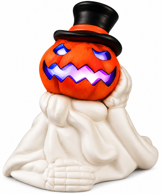 iN LED Colour Changing Ceramic Halloween Pumpkin Skeleton – Light-Up Halloween Decoration - Batteries Included – 19x17cm – Indoor Party Décor Ornament