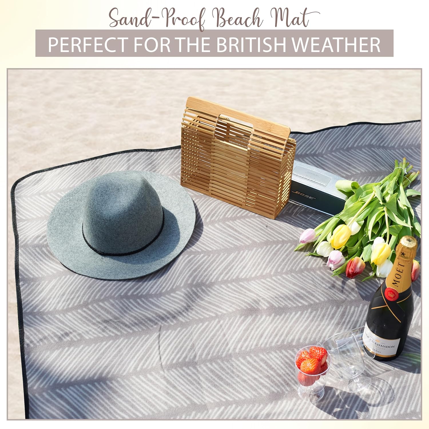 iN Premium Picnic Blanket Waterproof Backing - Waterproof Picnic Mat with Carrying Handle - Sand proof - Machine Washable -Generous Size 132cm x132cm - DSL