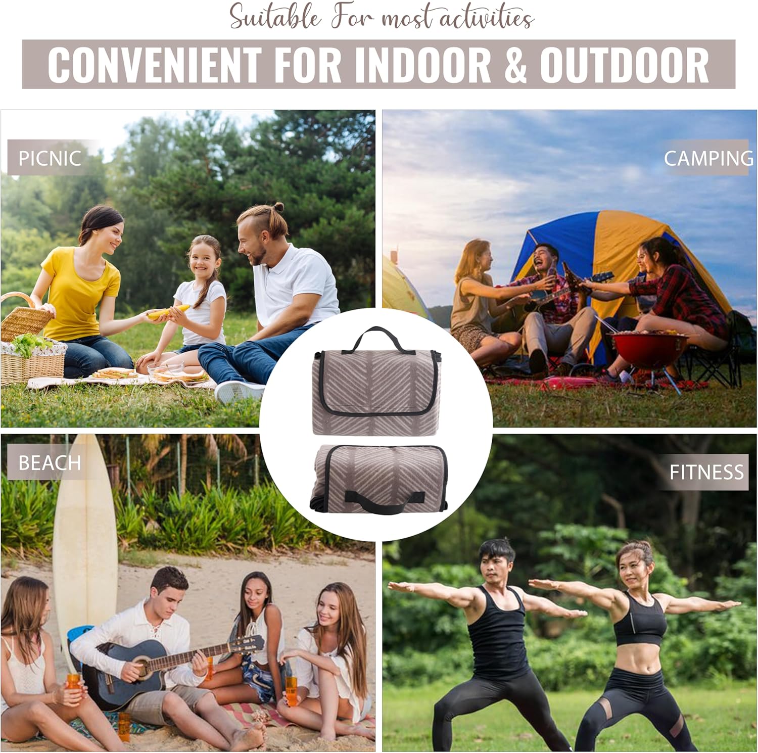 iN Premium Picnic Blanket Waterproof Backing - Waterproof Picnic Mat with Carrying Handle - Sand proof - Machine Washable -Generous Size 132cm x132cm - DSL