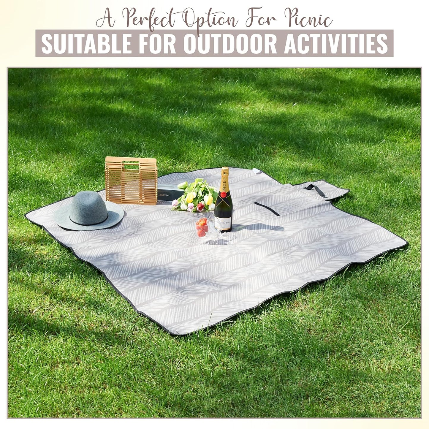 iN Premium Picnic Blanket Waterproof Backing - Waterproof Picnic Mat with Carrying Handle - Sand proof - Machine Washable -Generous Size 132cm x132cm - DSL
