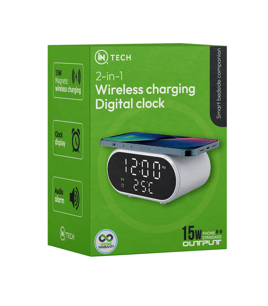 2-in-1 Digital Wireless Charging Alarm Clock | 15W Fast Qi Charger