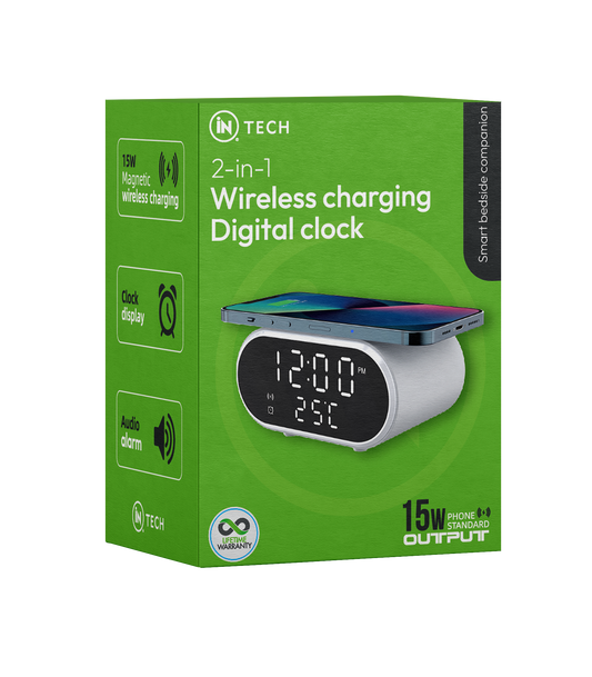 2-in-1 Digital Wireless Charging Alarm Clock | 15W Fast Qi Charger