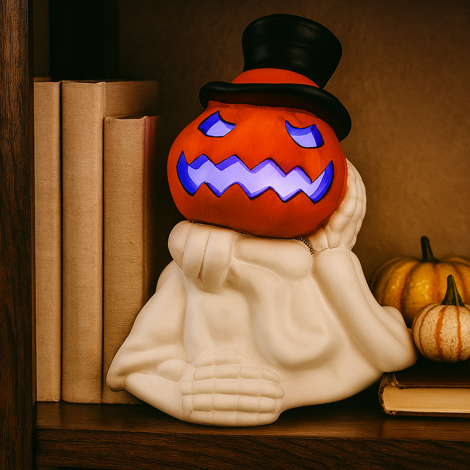 iN LED Colour Changing Ceramic Halloween Pumpkin Skeleton – Light-Up Halloween Decoration - Batteries Included – 19x17cm – Indoor Party Décor Ornament - DSL
