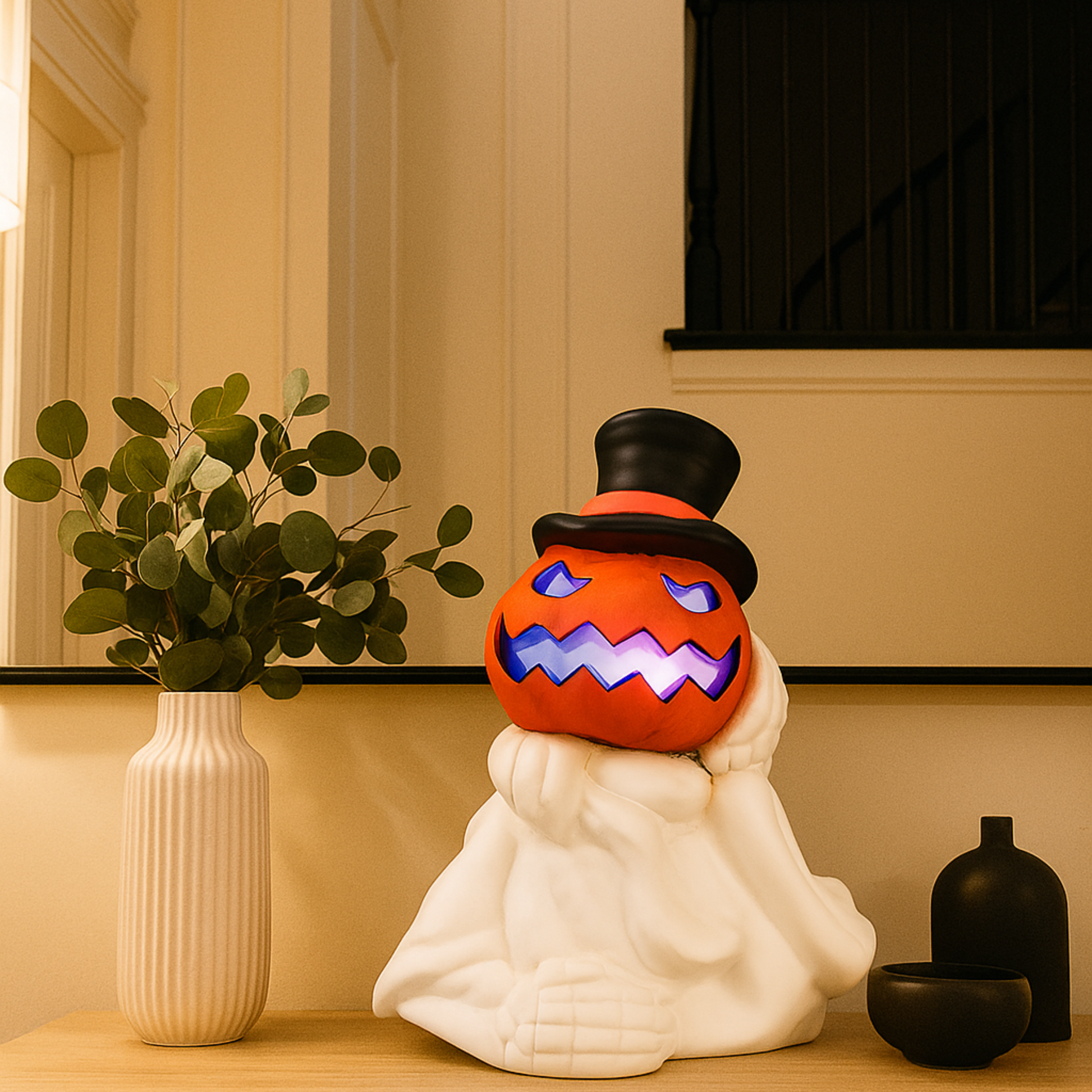 iN LED Colour Changing Ceramic Halloween Pumpkin Skeleton – Light-Up Halloween Decoration - Batteries Included – 19x17cm – Indoor Party Décor Ornament - DSL