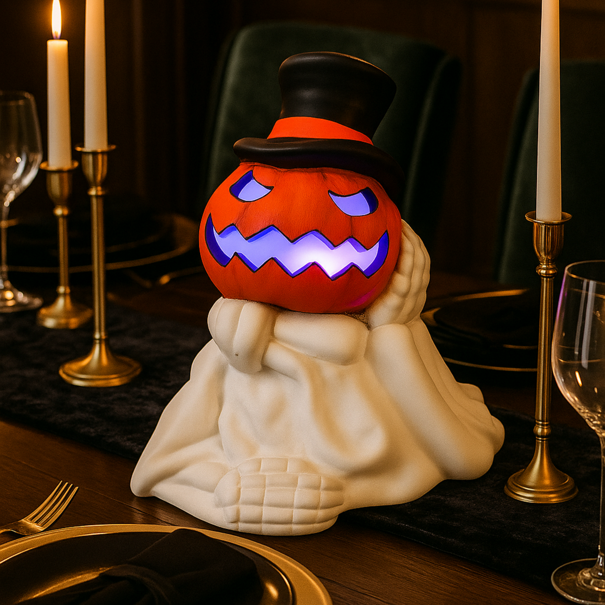 iN LED Colour Changing Ceramic Halloween Pumpkin Skeleton – Light-Up Halloween Decoration - Batteries Included – 19x17cm – Indoor Party Décor Ornament - DSL