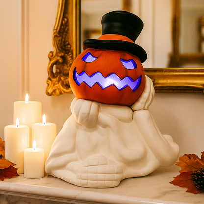 iN LED Colour Changing Ceramic Halloween Pumpkin Skeleton – Light-Up Halloween Decoration - Batteries Included – 19x17cm – Indoor Party Décor Ornament - DSL