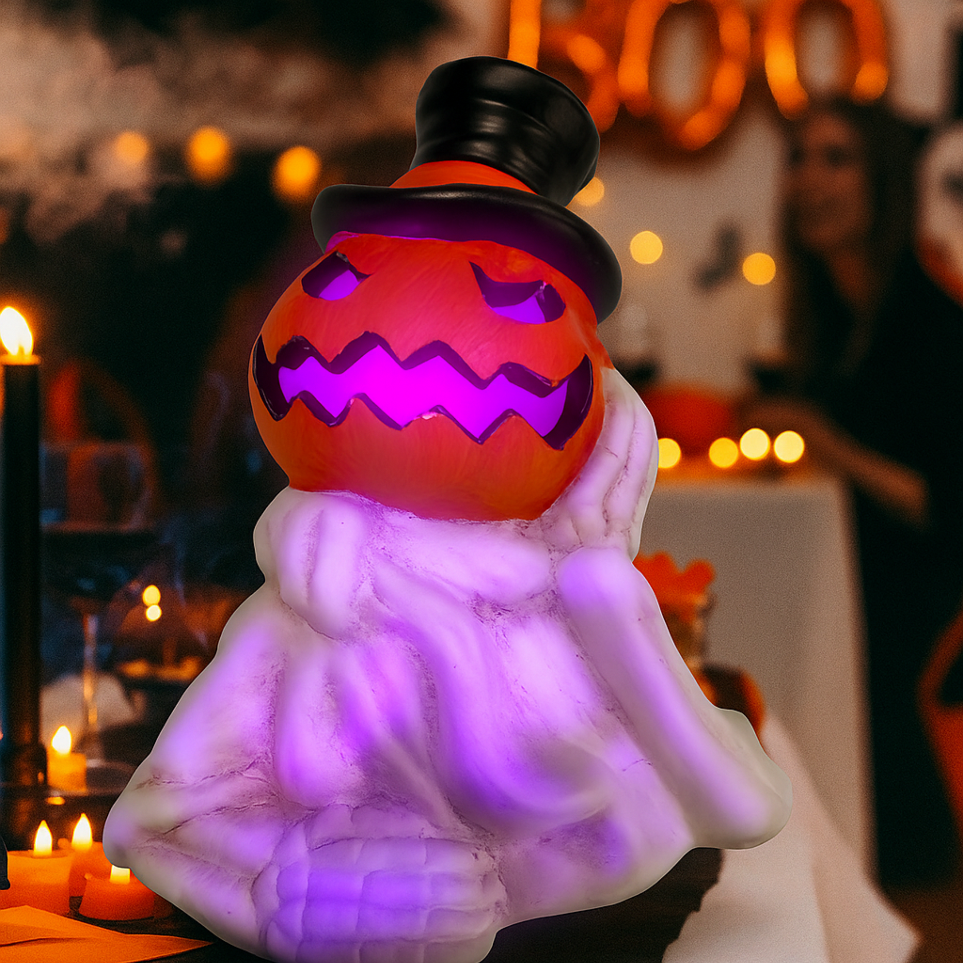 iN LED Colour Changing Ceramic Halloween Pumpkin Skeleton – Light-Up Halloween Decoration - Batteries Included – 19x17cm – Indoor Party Décor Ornament - DSL