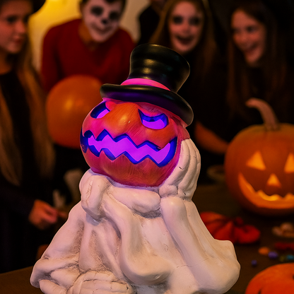 iN LED Colour Changing Ceramic Halloween Pumpkin Skeleton – Light-Up Halloween Decoration - Batteries Included – 19x17cm – Indoor Party Décor Ornament - DSL