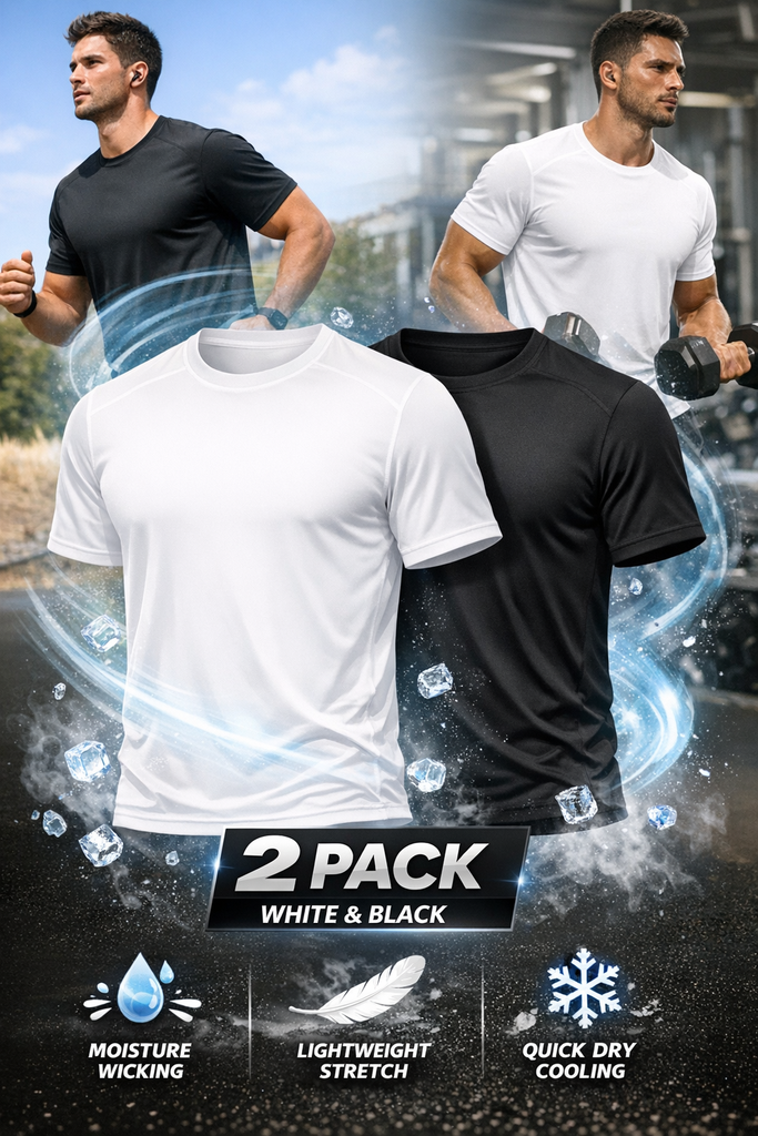 Cooling T-Shirts for Men – Breathable Short Sleeve Summer T-Shirt Set (2 Pack White & Black) – Lightweight, Stretch Fit, Moisture - Wicking Activewear - Quick Dry Gym Tops - DSL