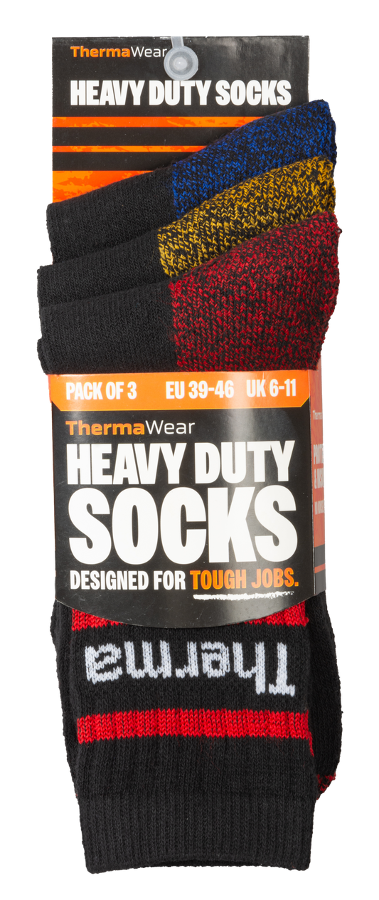 Pack of Therma Wear heavy duty socks with packaging on a white background