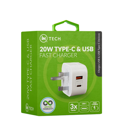 iN Tech 20W Type C and USB Fast Charger Compact Double Plug Adapter