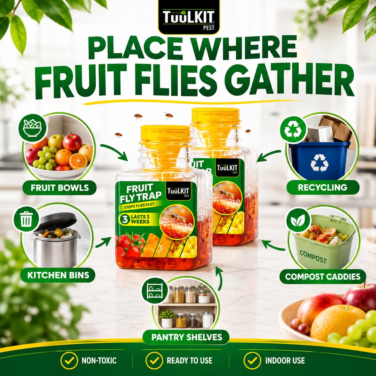 TuuLKIT Fruit Fly Trap, Ready to Use, Non-Toxic, 2 Pack