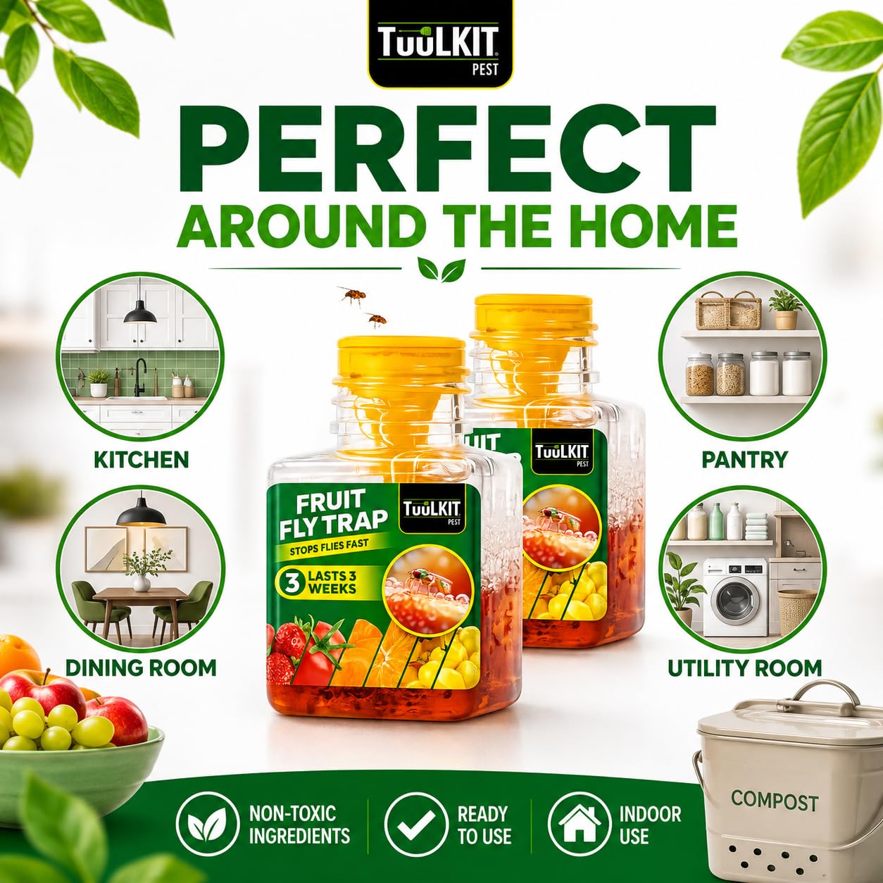 TuuLKIT Fruit Fly Trap, Ready to Use, Non-Toxic, 2 Pack