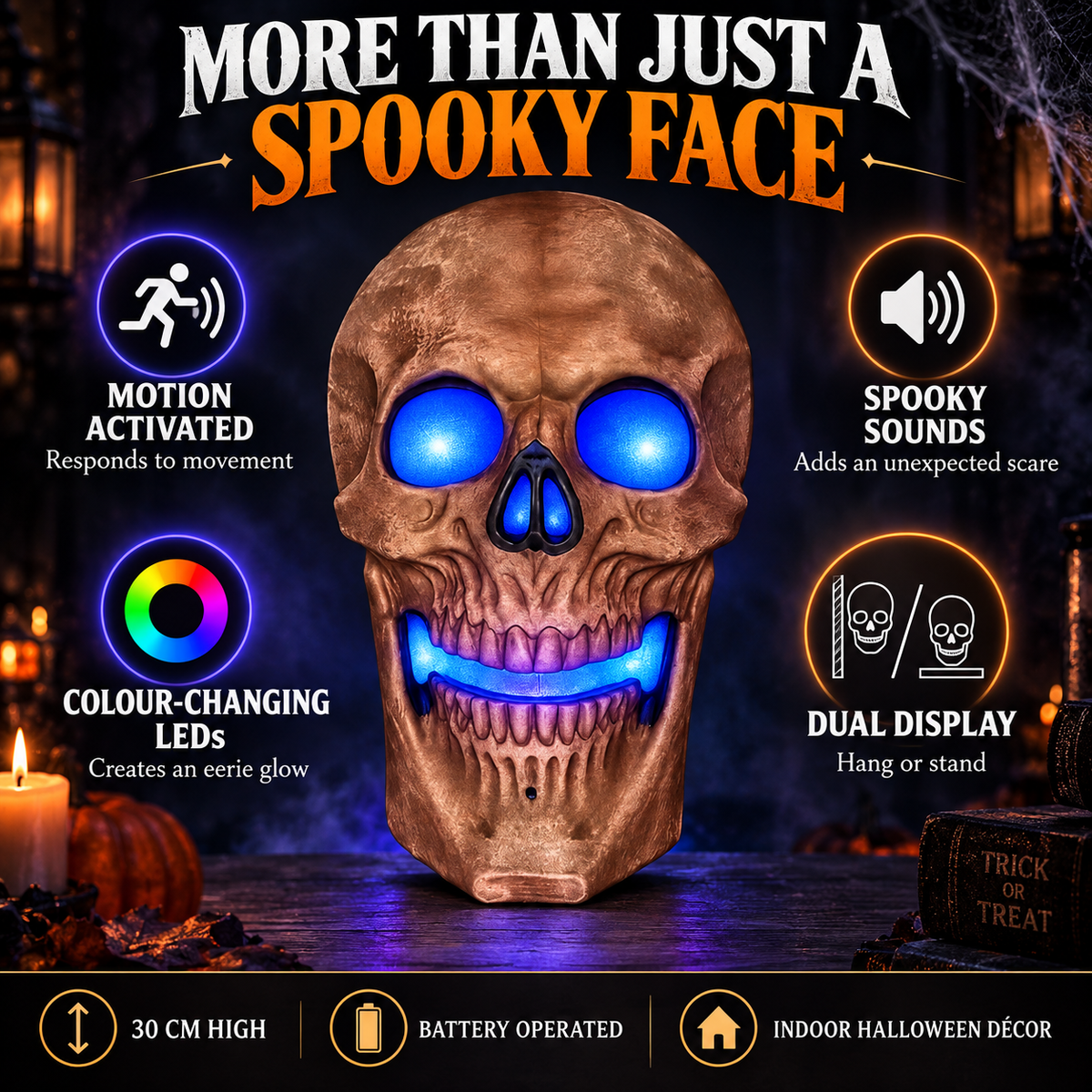iN Halloween Spooky LED Skull - Colour Changing LED Lights - Spooky Sounds - Motion Detection - Halloween Decoration Size 19 x 8 x 30 cm