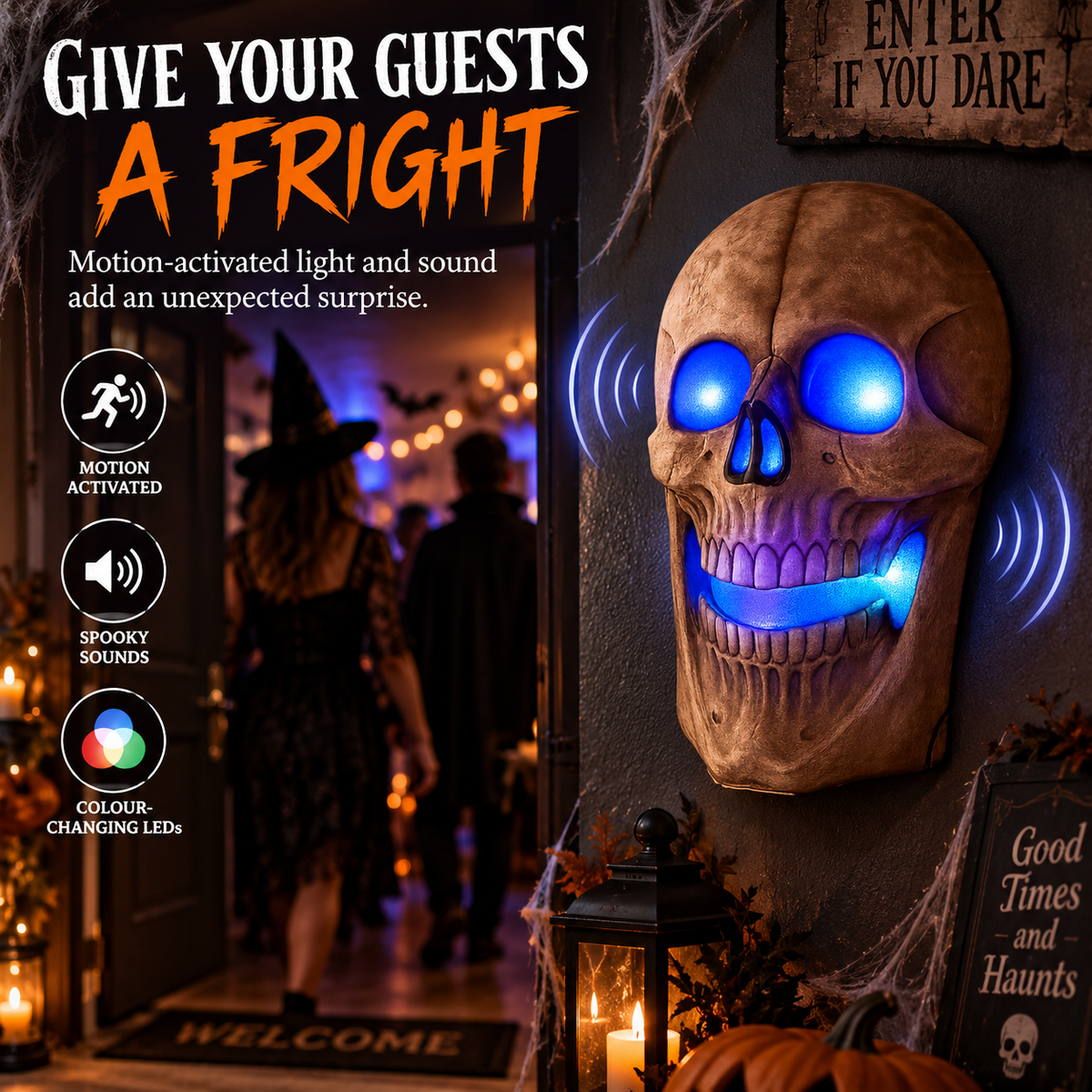 iN Halloween Spooky LED Skull - Colour Changing LED Lights - Spooky Sounds - Motion Detection - Halloween Decoration Size 19 x 8 x 30 cm
