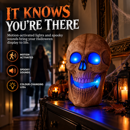 iN Halloween Spooky LED Skull - Colour Changing LED Lights - Spooky Sounds - Motion Detection - Halloween Decoration Size 19 x 8 x 30 cm