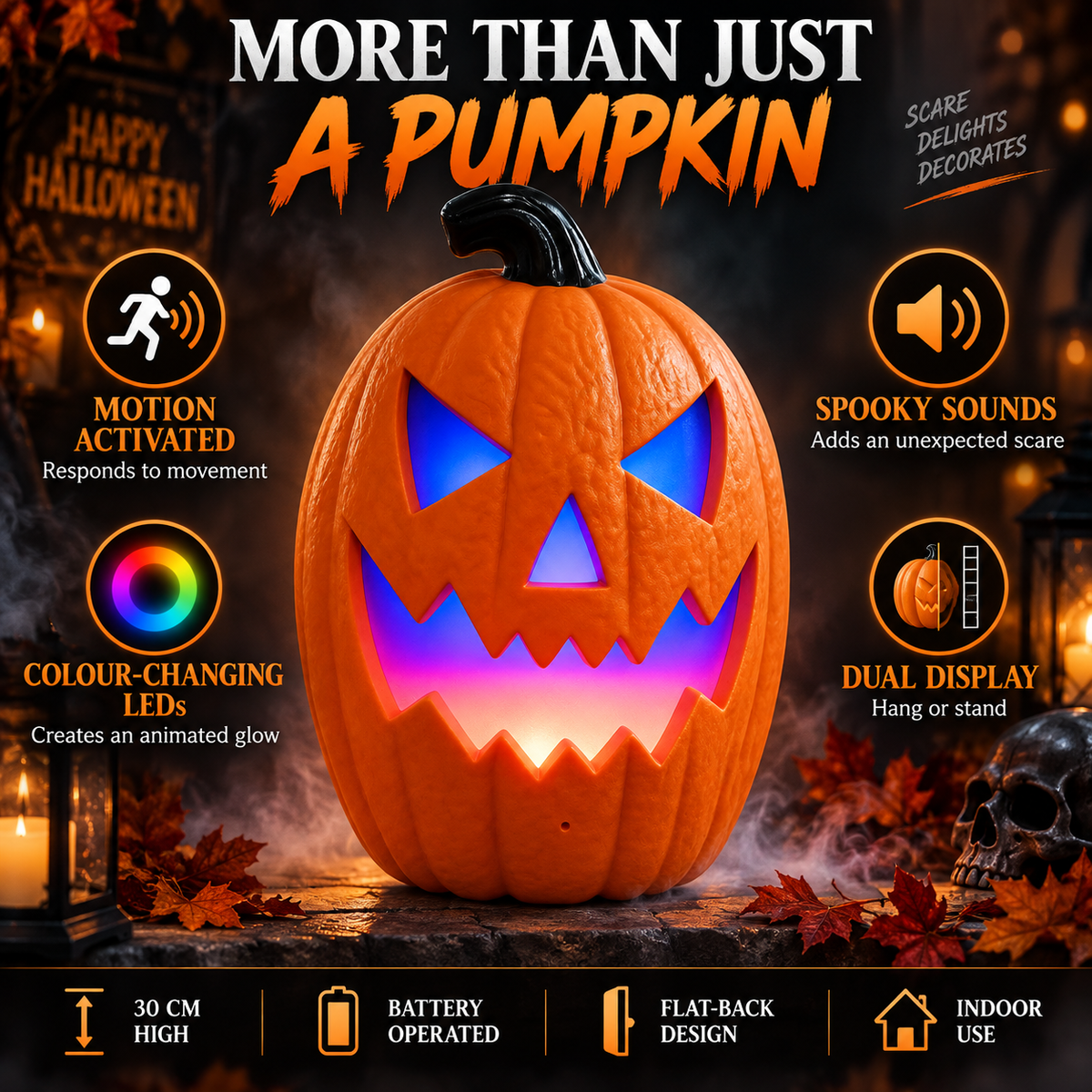 iN Halloween LED Pumpkin - Halloween Decoration - Colour Changing - Spooky Sounds - Motion Detection -Size 21.5x10x30cm