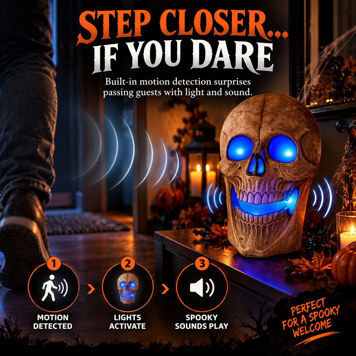 iN Halloween Spooky LED Skull - Colour Changing LED Lights - Spooky Sounds - Motion Detection - Halloween Decoration Size 19 x 8 x 30 cm