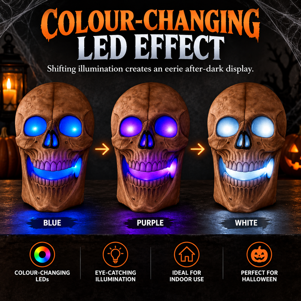iN Halloween Spooky LED Skull - Colour Changing LED Lights - Spooky Sounds - Motion Detection - Halloween Decoration Size 19 x 8 x 30 cm