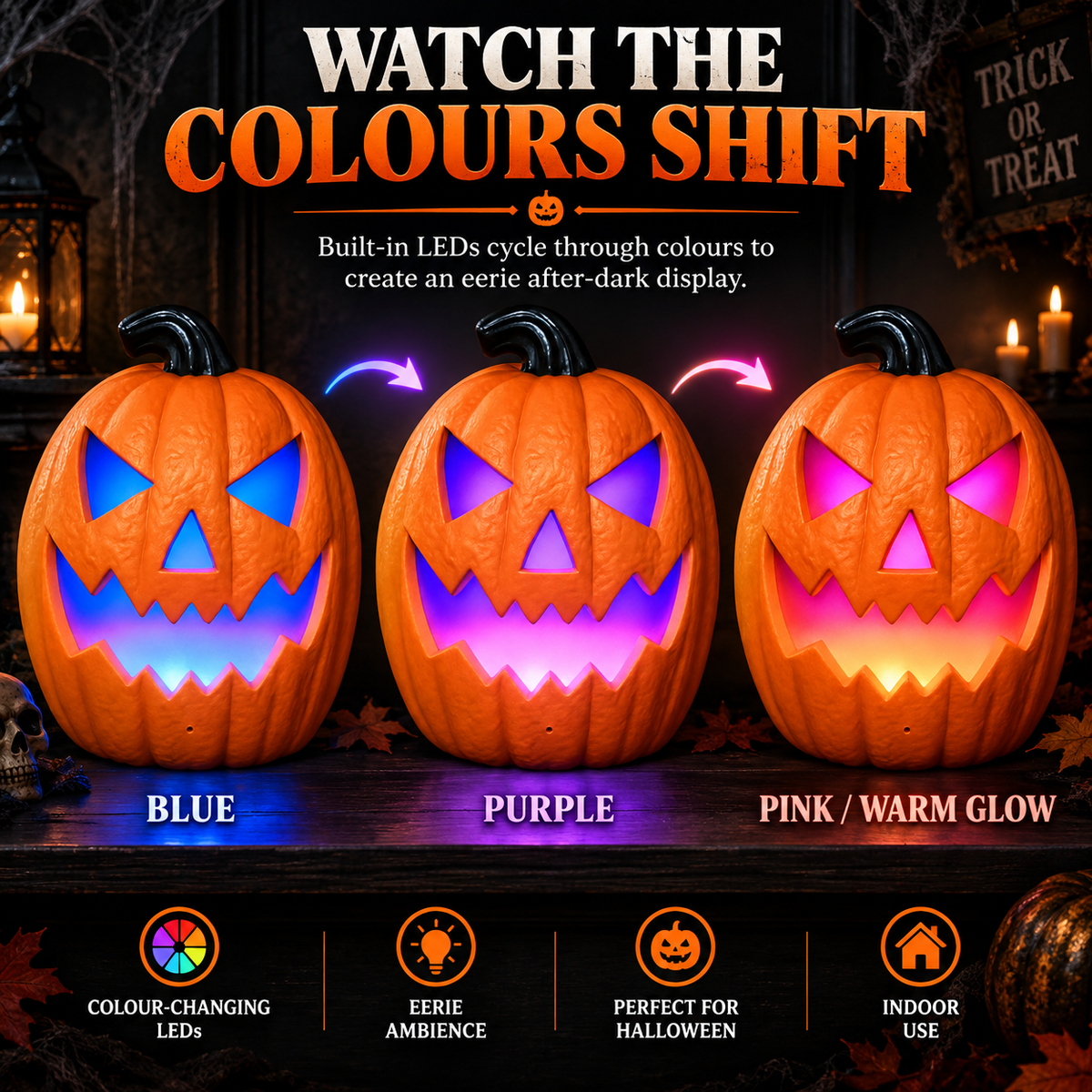 iN Halloween LED Pumpkin - Halloween Decoration - Colour Changing - Spooky Sounds - Motion Detection -Size 21.5x10x30cm
