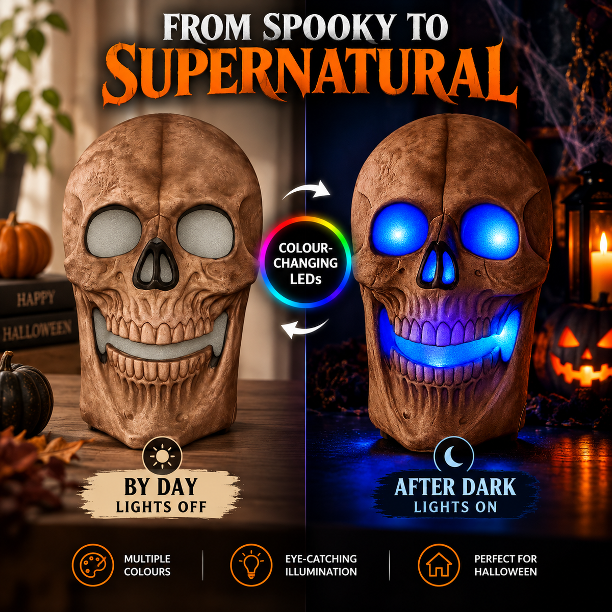 iN Halloween Spooky LED Skull - Colour Changing LED Lights - Spooky Sounds - Motion Detection - Halloween Decoration Size 19 x 8 x 30 cm