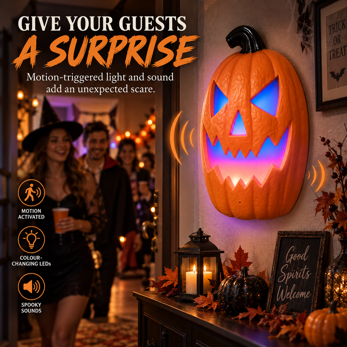 iN Halloween LED Pumpkin - Halloween Decoration - Colour Changing - Spooky Sounds - Motion Detection -Size 21.5x10x30cm