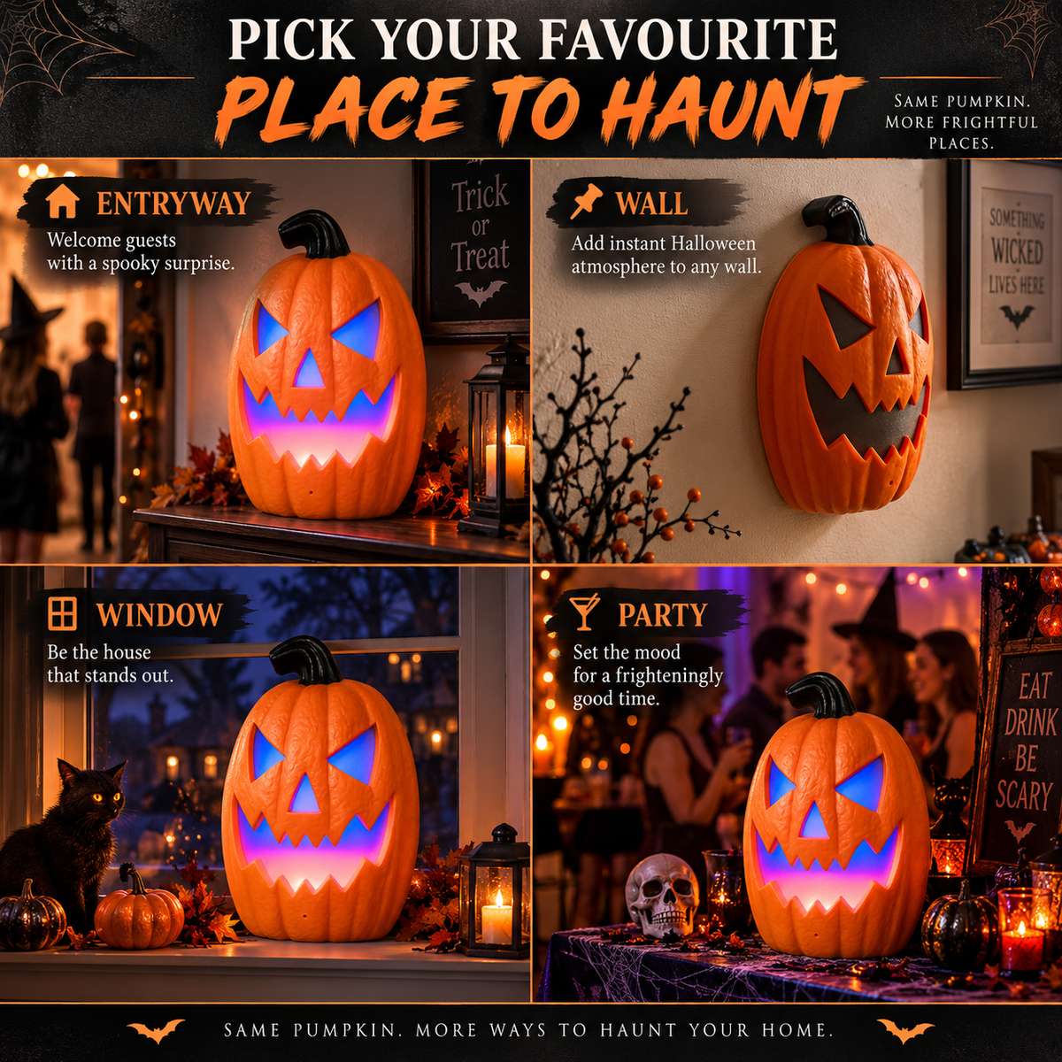 iN Halloween LED Pumpkin - Halloween Decoration - Colour Changing - Spooky Sounds - Motion Detection -Size 21.5x10x30cm