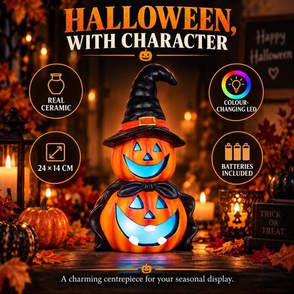 LED Colour Changing Ceramic Halloween Witch Pumpkin – Real Ceramic Halloween Decoration with Batteries Included – Indoor & Outdoor Use – 24x14cm Party Ornament