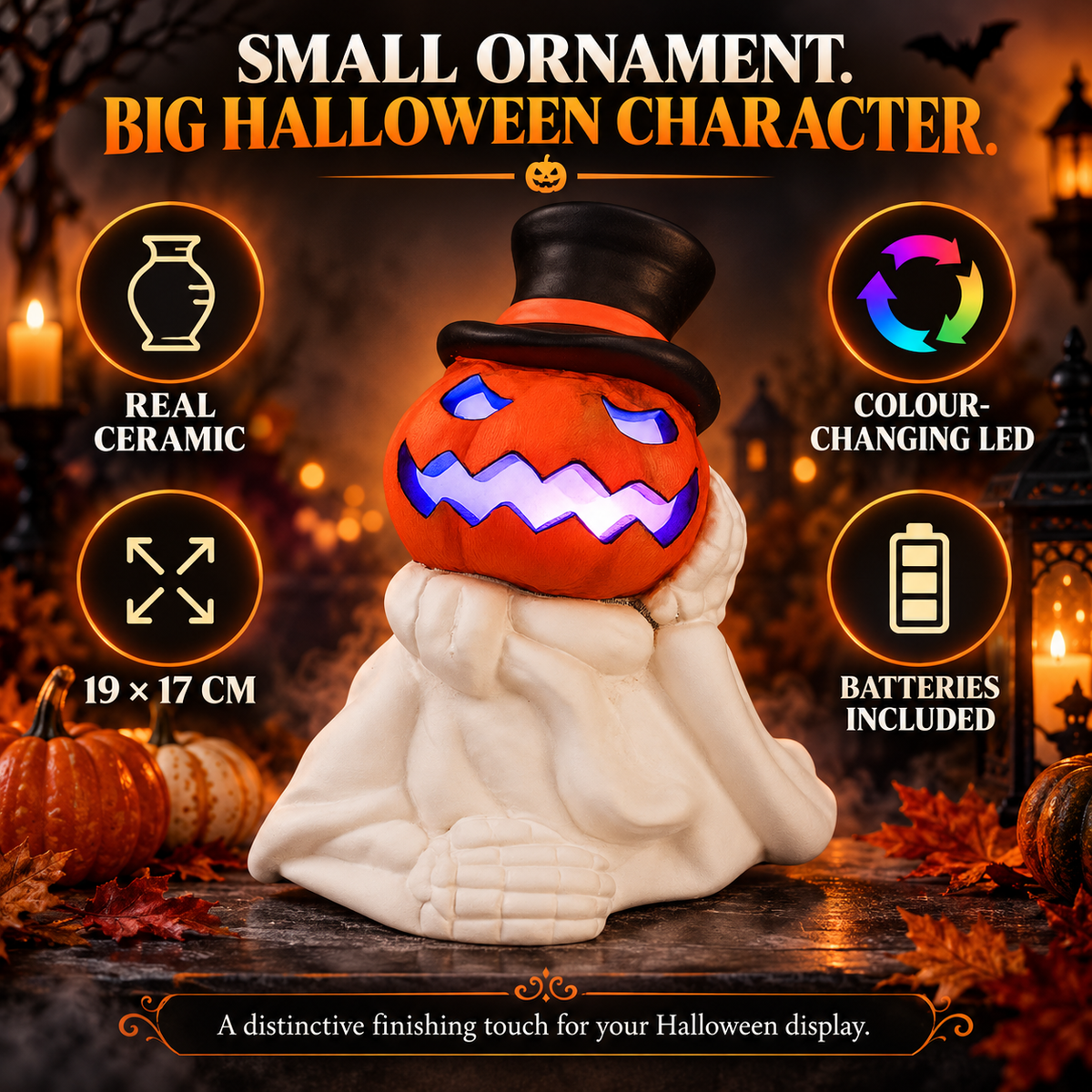 iN LED Colour Changing Ceramic Halloween Pumpkin Skeleton – Light-Up Halloween Decoration - Batteries Included – 19x17cm – Indoor Party Décor Ornament