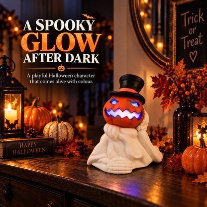iN LED Colour Changing Ceramic Halloween Pumpkin Skeleton – Light-Up Halloween Decoration - Batteries Included – 19x17cm – Indoor Party Décor Ornament