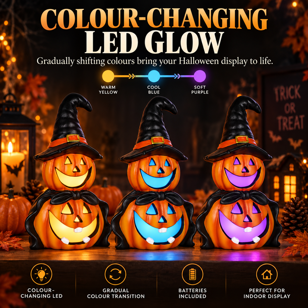 LED Colour Changing Ceramic Halloween Witch Pumpkin – Real Ceramic Halloween Decoration with Batteries Included – Indoor & Outdoor Use – 24x14cm Party Ornament