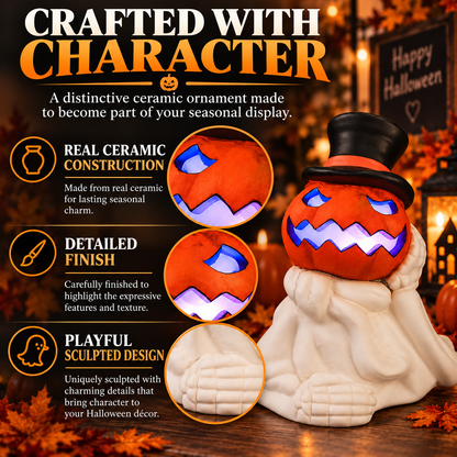 iN LED Colour Changing Ceramic Halloween Pumpkin Skeleton – Light-Up Halloween Decoration - Batteries Included – 19x17cm – Indoor Party Décor Ornament