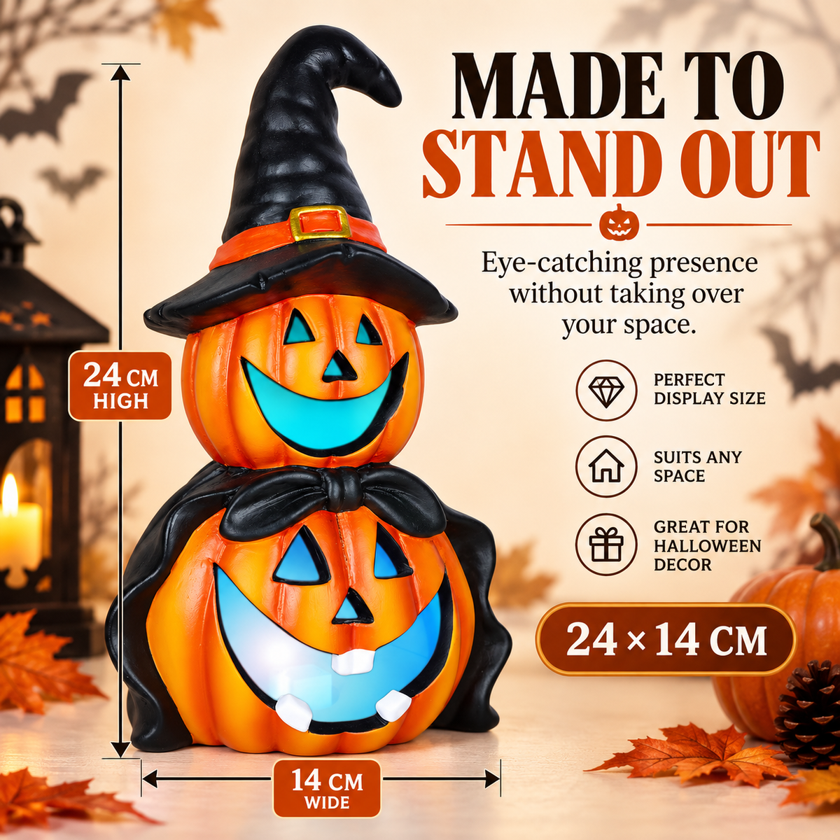 LED Colour Changing Ceramic Halloween Witch Pumpkin – Real Ceramic Halloween Decoration with Batteries Included – Indoor & Outdoor Use – 24x14cm Party Ornament