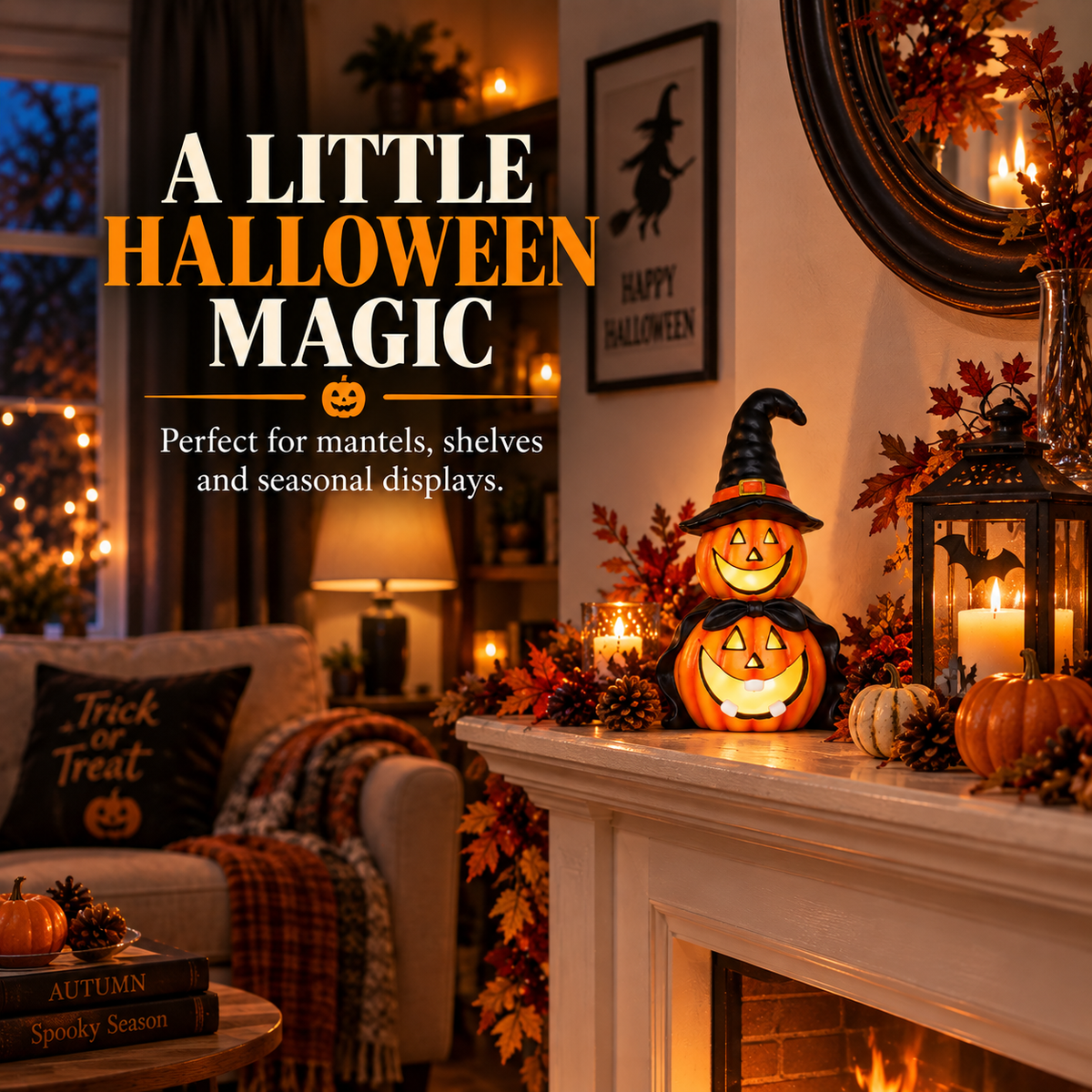LED Colour Changing Ceramic Halloween Witch Pumpkin – Real Ceramic Halloween Decoration with Batteries Included – Indoor & Outdoor Use – 24x14cm Party Ornament