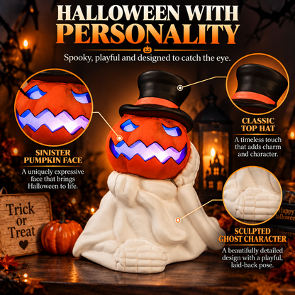 iN LED Colour Changing Ceramic Halloween Pumpkin Skeleton – Light-Up Halloween Decoration - Batteries Included – 19x17cm – Indoor Party Décor Ornament