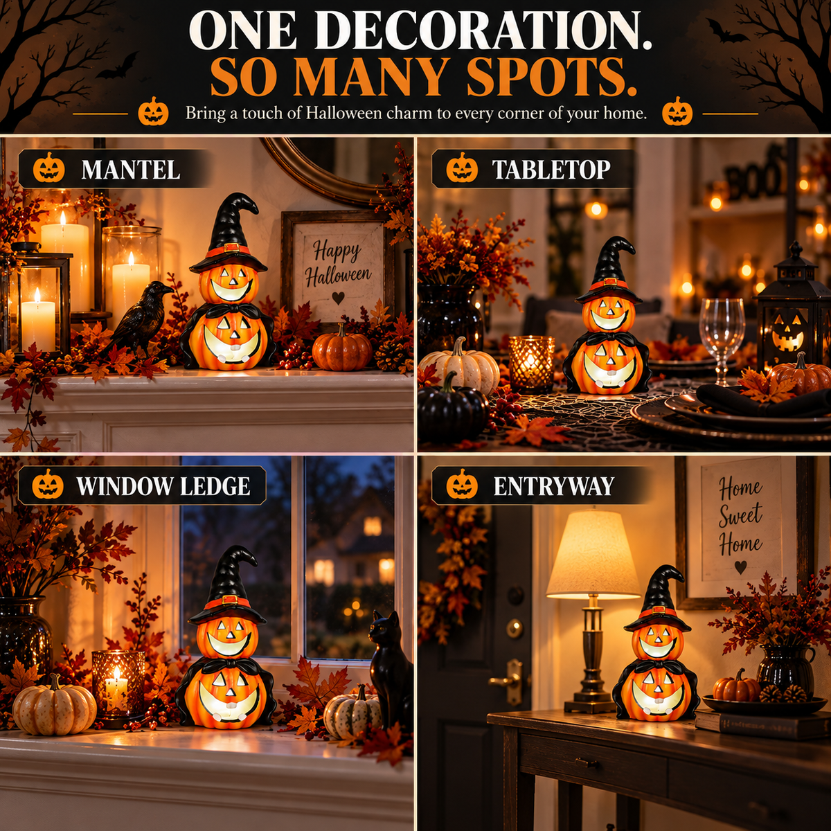LED Colour Changing Ceramic Halloween Witch Pumpkin – Real Ceramic Halloween Decoration with Batteries Included – Indoor & Outdoor Use – 24x14cm Party Ornament