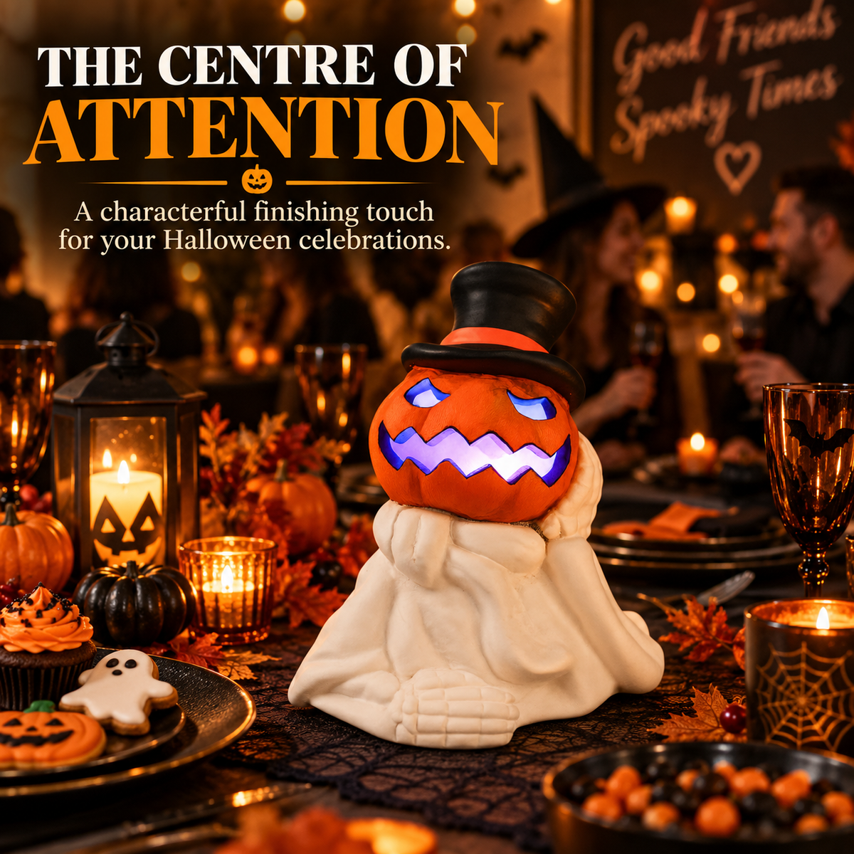 iN LED Colour Changing Ceramic Halloween Pumpkin Skeleton – Light-Up Halloween Decoration - Batteries Included – 19x17cm – Indoor Party Décor Ornament