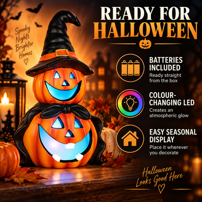 LED Colour Changing Ceramic Halloween Witch Pumpkin – Real Ceramic Halloween Decoration with Batteries Included – Indoor & Outdoor Use – 24x14cm Party Ornament